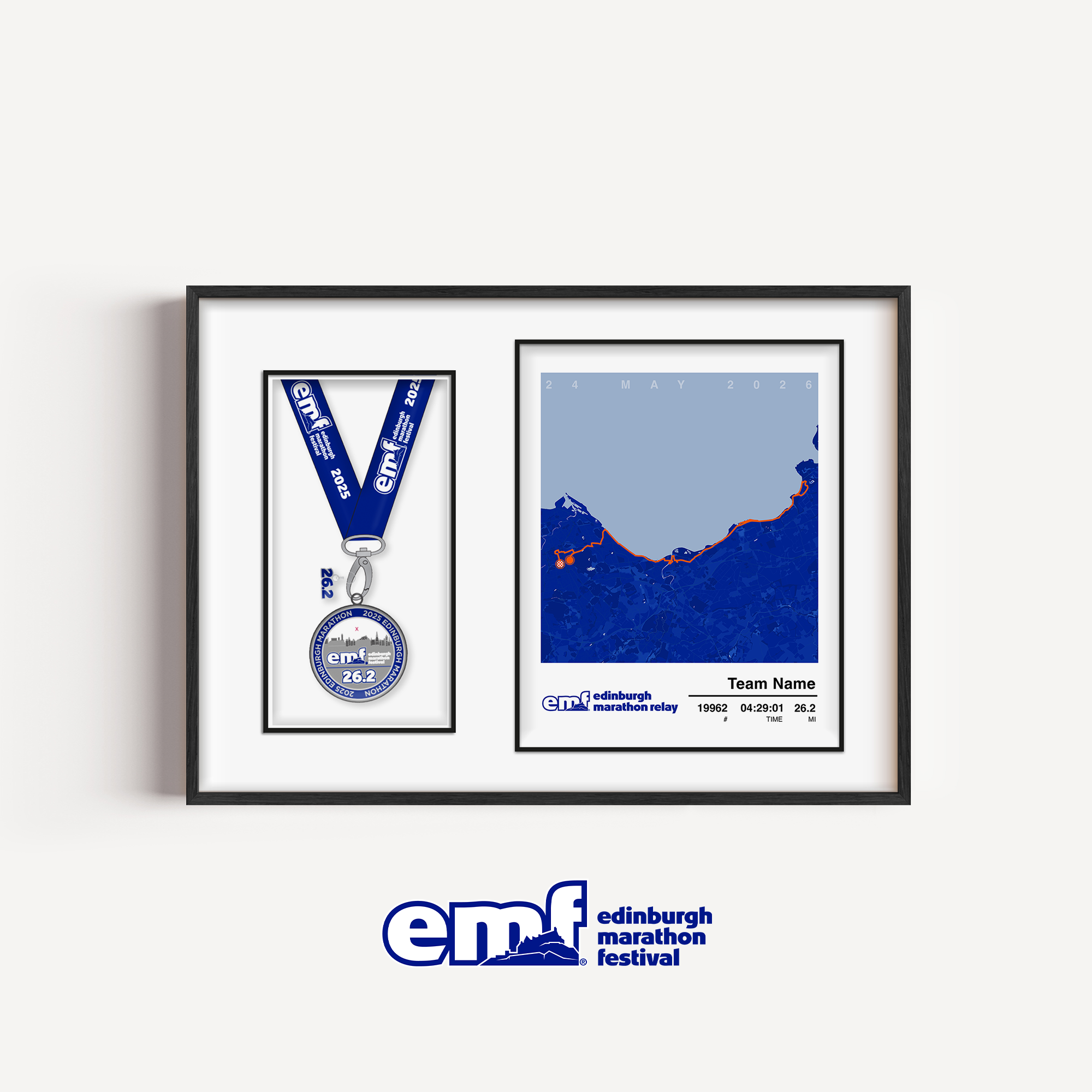 Official Edinburgh Marathon Relay medal display frame with a blue background and official logo, featuring a custom relay route map and a specific cutout for your team medal.