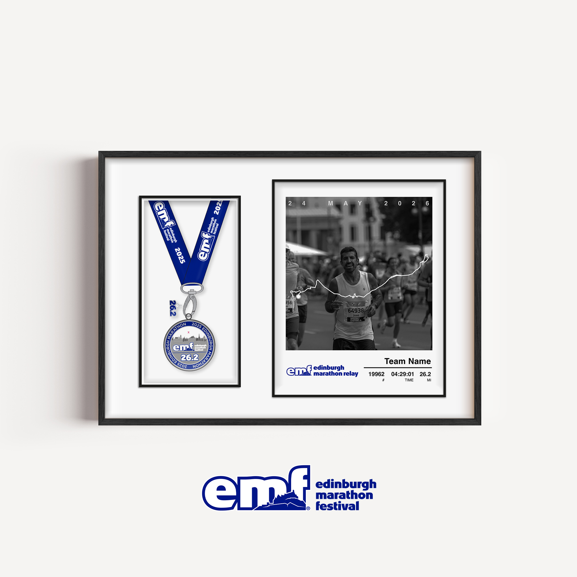 A premium EMF medal display frame with a dual-mount design holding a custom marathon photo print and a physical finisher medal in a precision-cut aperture.