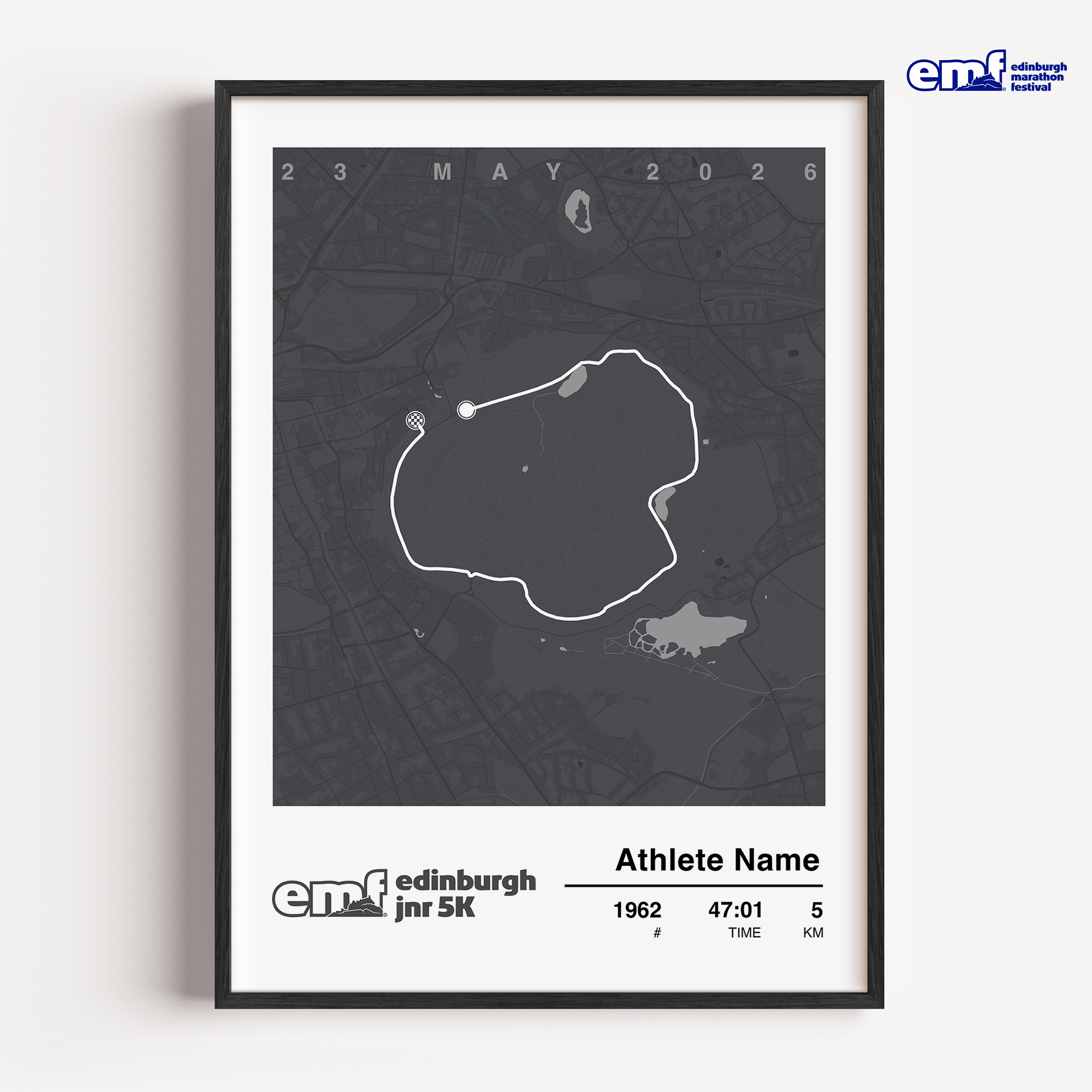 Official merchandise Edinburgh 5k custom print in a sophisticated grey, showcasing the official race branding and a custom map of the 5k course for a timeless keepsake.
