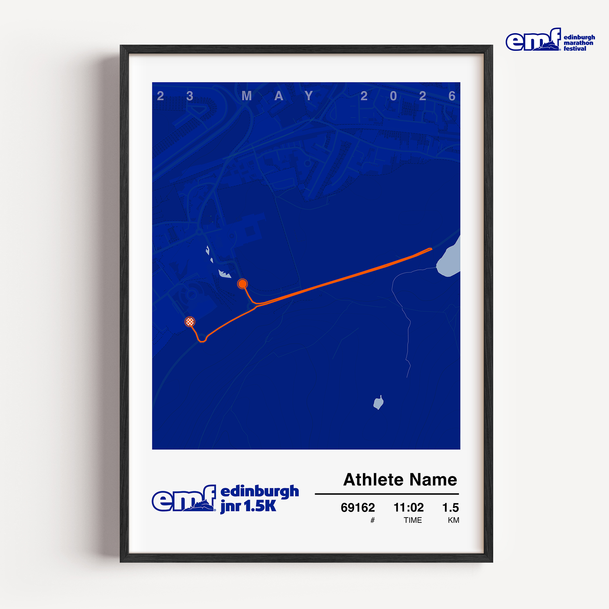 Official Edinburgh Marathon Junior 1.5k commemorative print featuring a vibrant blue background and the official event logo, showcasing a detailed custom route map to celebrate their fantastic running achievement.