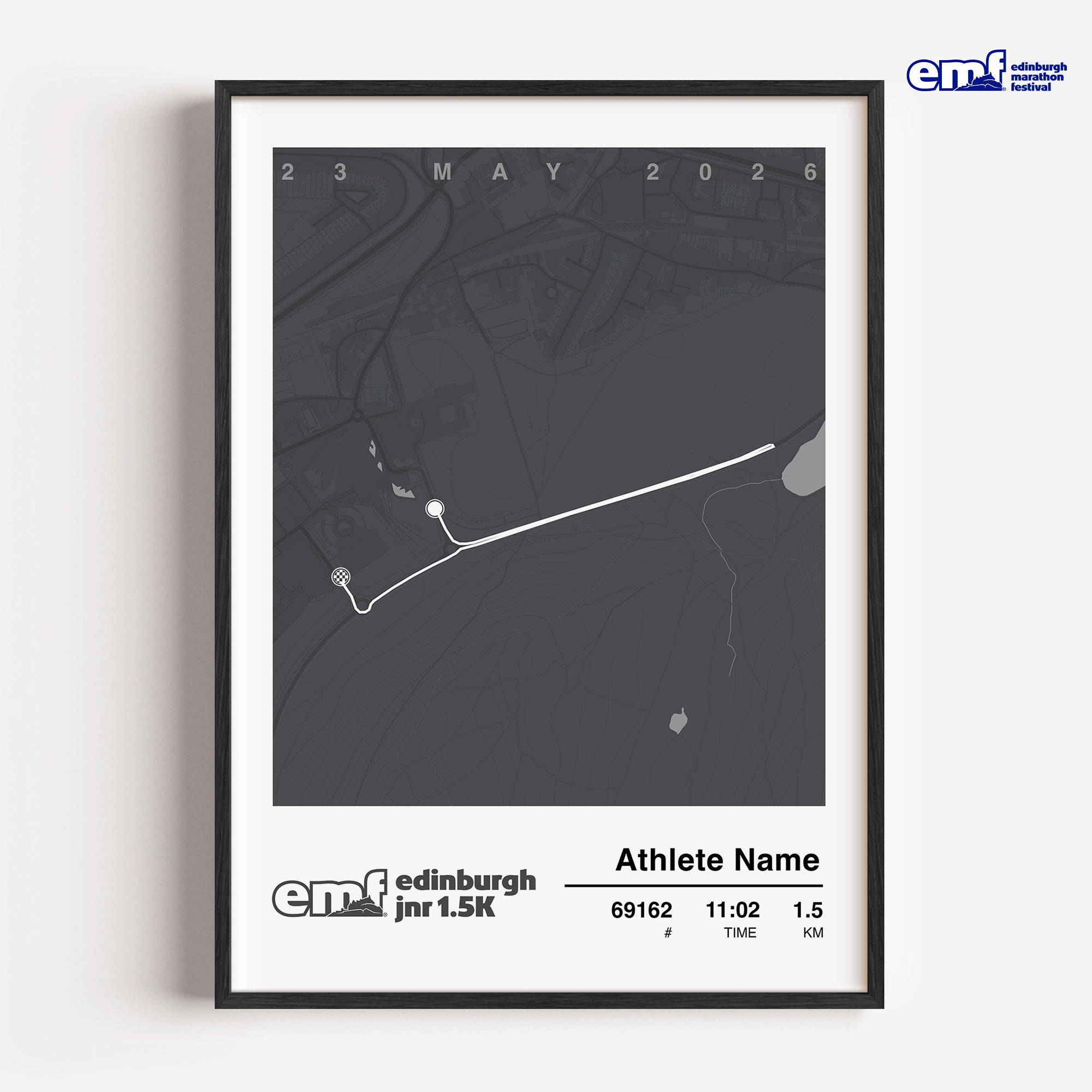 Sophisticated grey Edinburgh Marathon Junior 1.5k custom print, an official merchandise piece featuring the race course map and official logo for a minimalist and modern milestone memento.