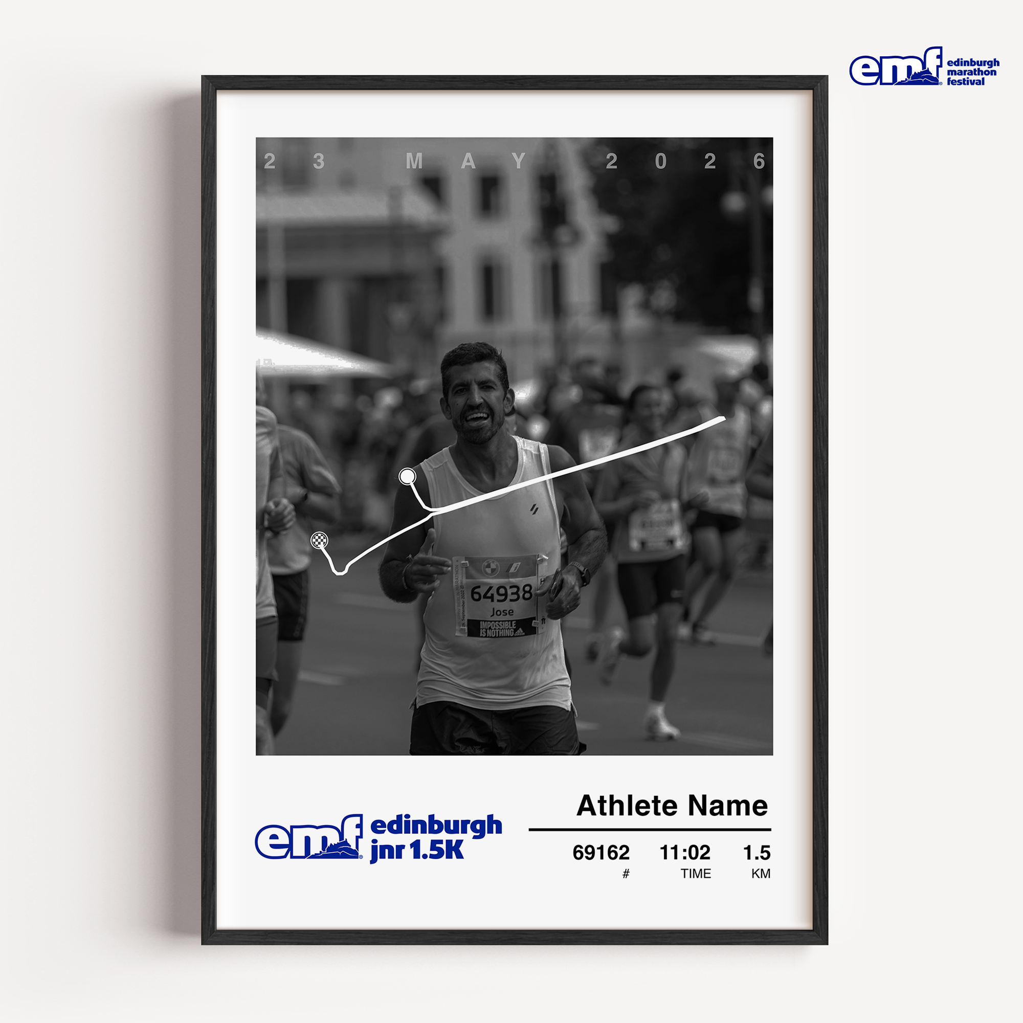 A vibrant framed Edinburgh Marathon photo print celebrating a junior runner’s 1.5km achievement with the event course map, a race photo and personalised finish details.