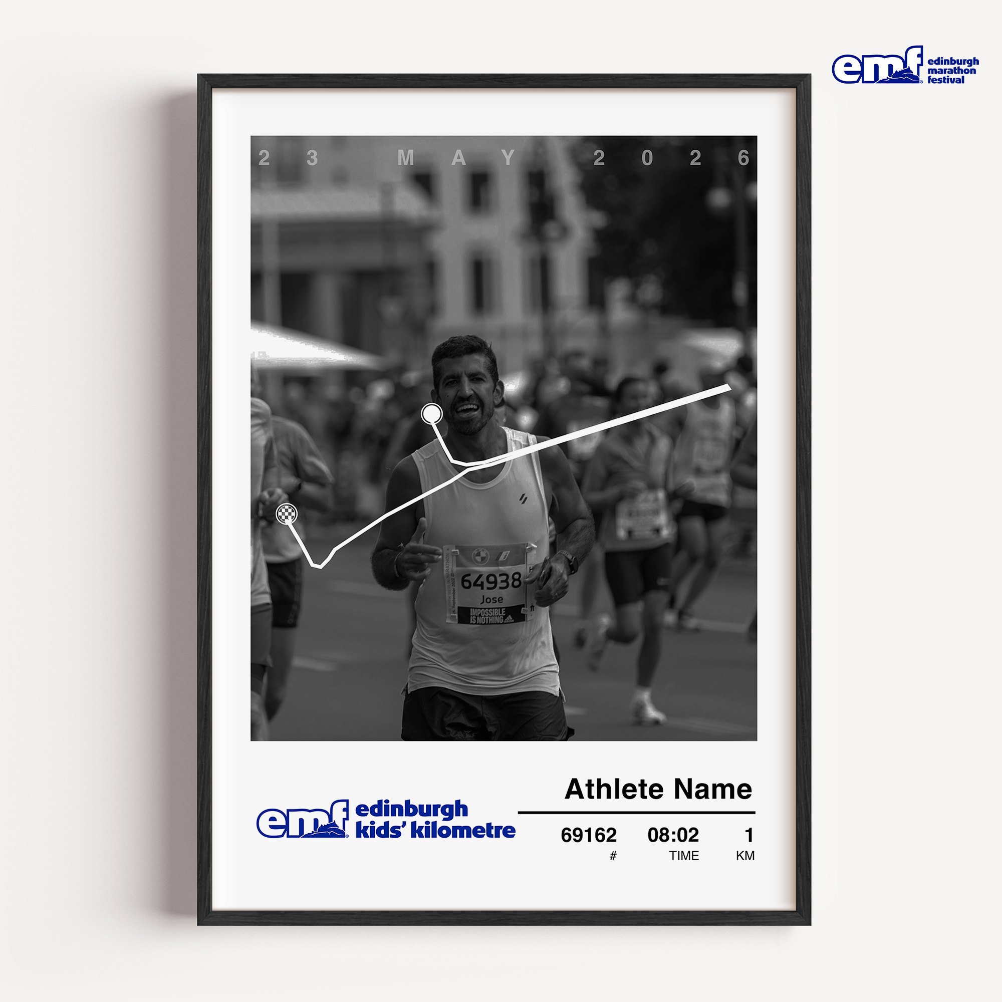 A commemorative framed Edinburgh Marathon photo print designed for younger runners, showcasing their personal photo and the Kids Kilometre event map.