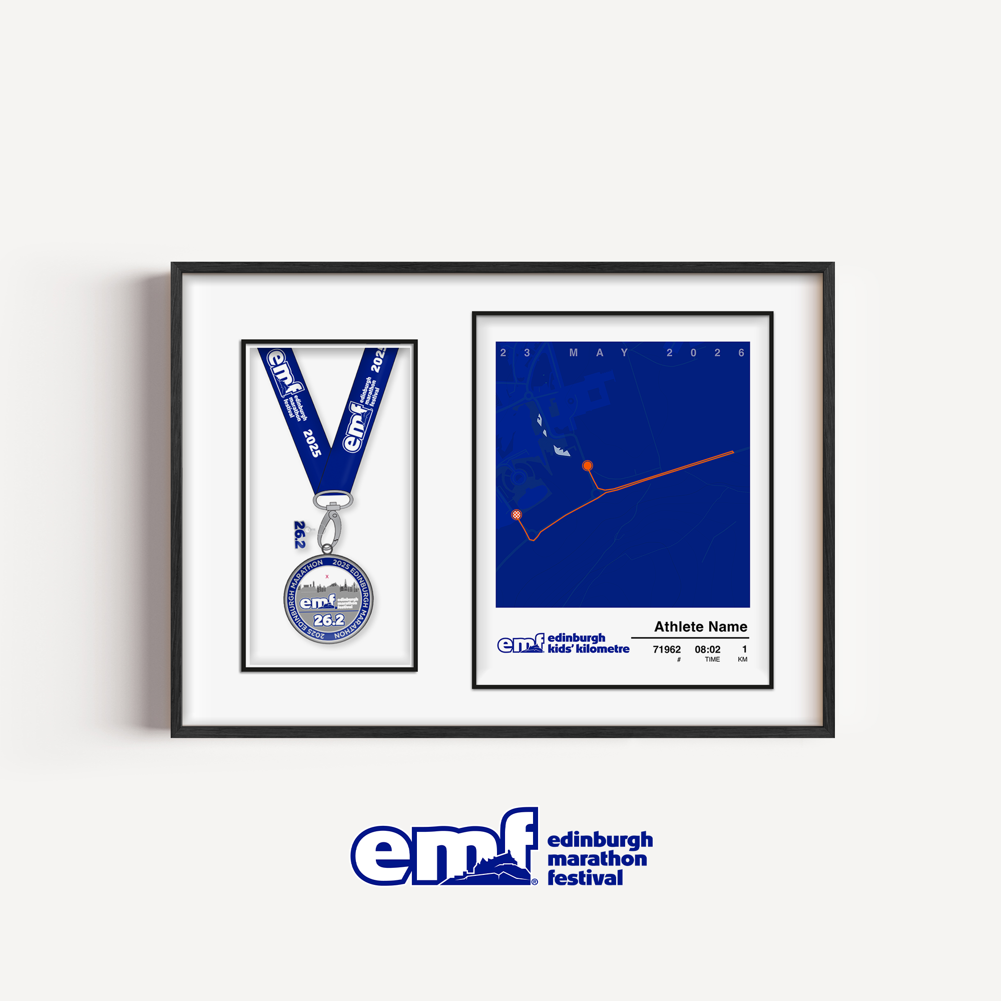 Official Edinburgh Marathon Kids' 1km medal display frame with a blue background and official logo, designed with the custom 1km route map and a dedicated space to proudly show off their finisher's medal.
