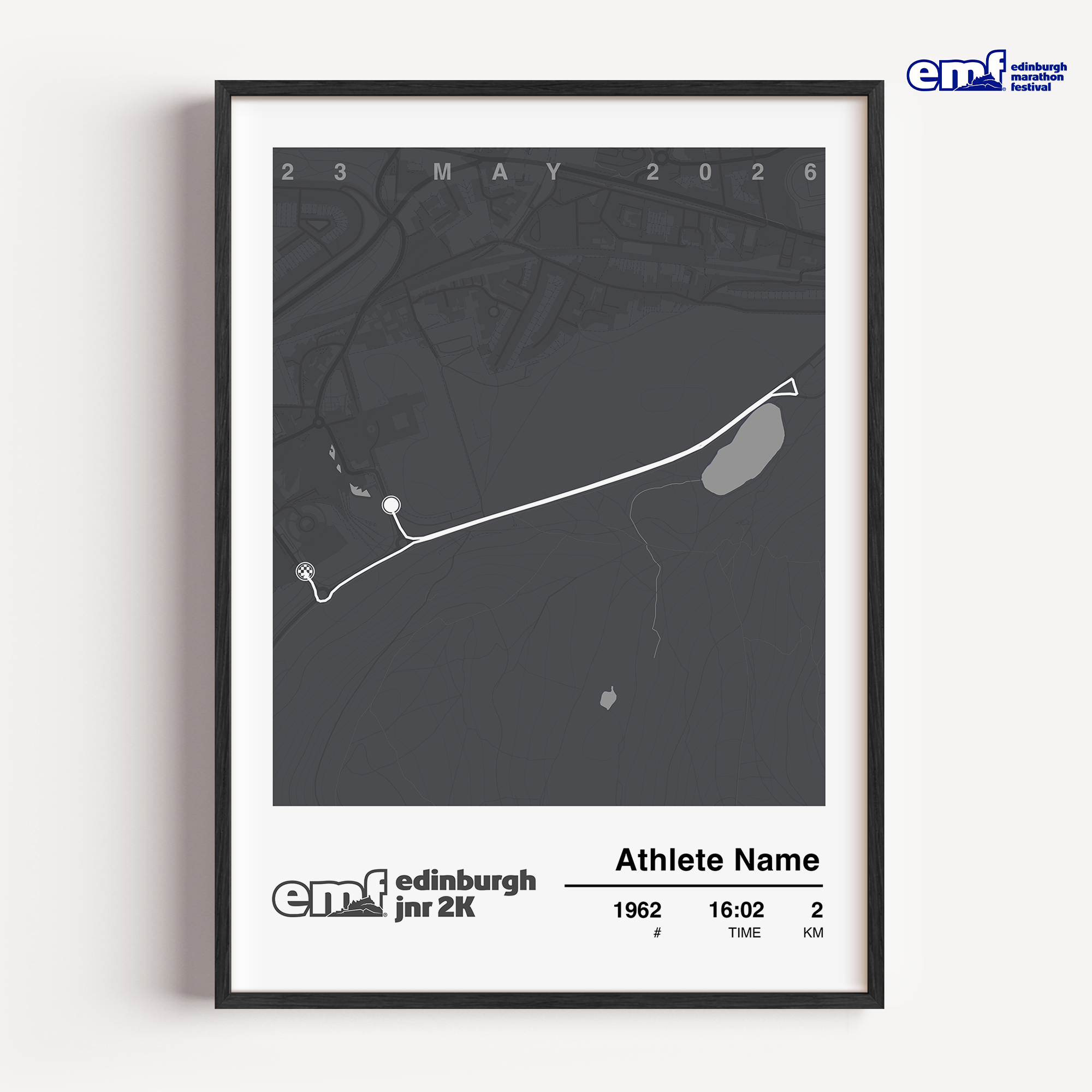 Official Edinburgh Marathon Junior 2km custom print in grey, featuring the official event branding and a custom map of the Junior route for a timeless and sophisticated keepsake.
