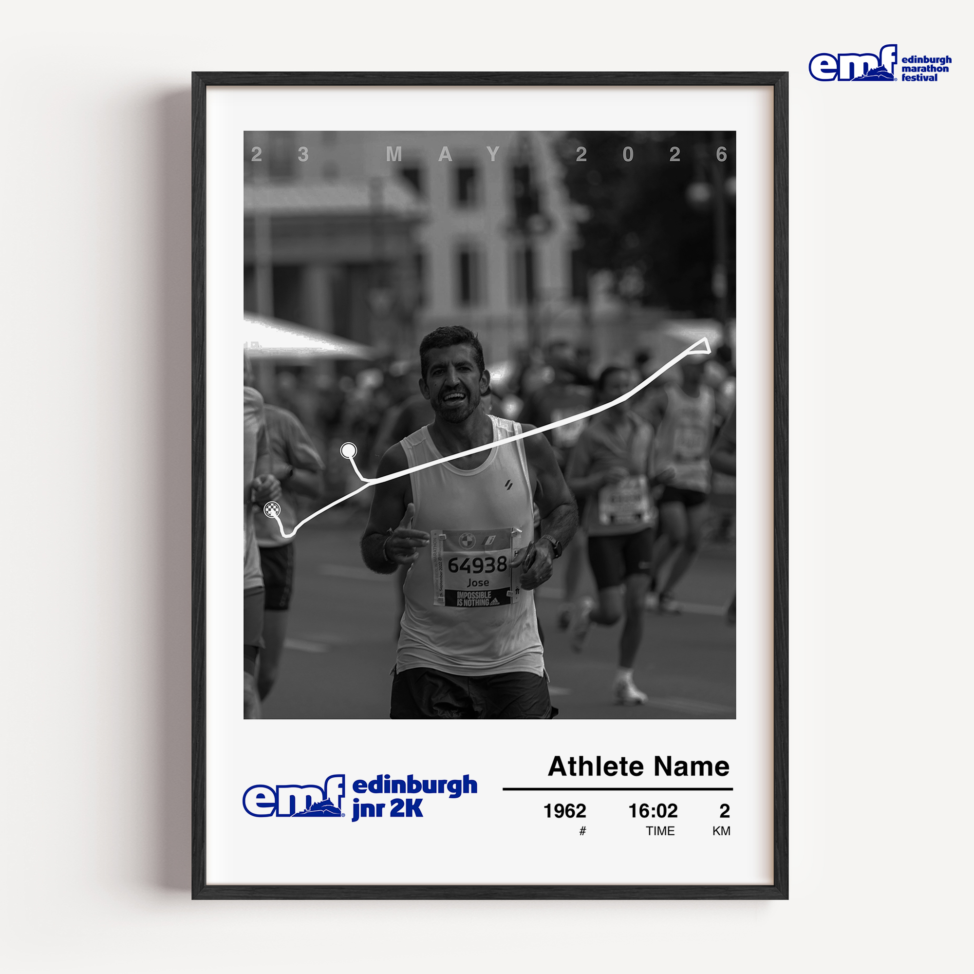 A vibrant framed Edinburgh Marathon photo print celebrating a junior runner’s 2k achievement with the event course map, a race photo and personalised finish details.