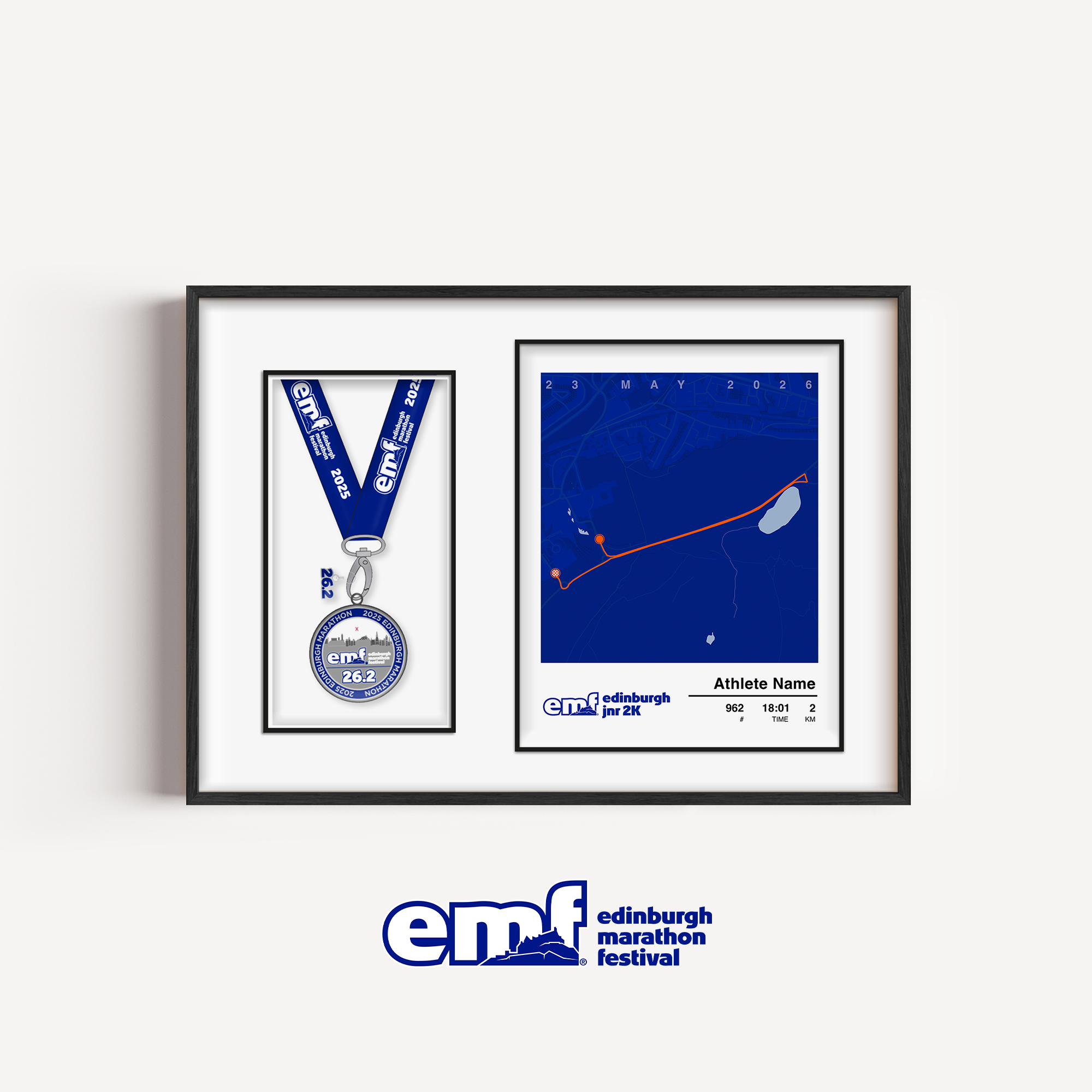 Official Edinburgh Marathon Junior 2km medal display frame with a blue background and official logo, including a custom race map and a dedicated spot to mount their 2km finisher's medal.