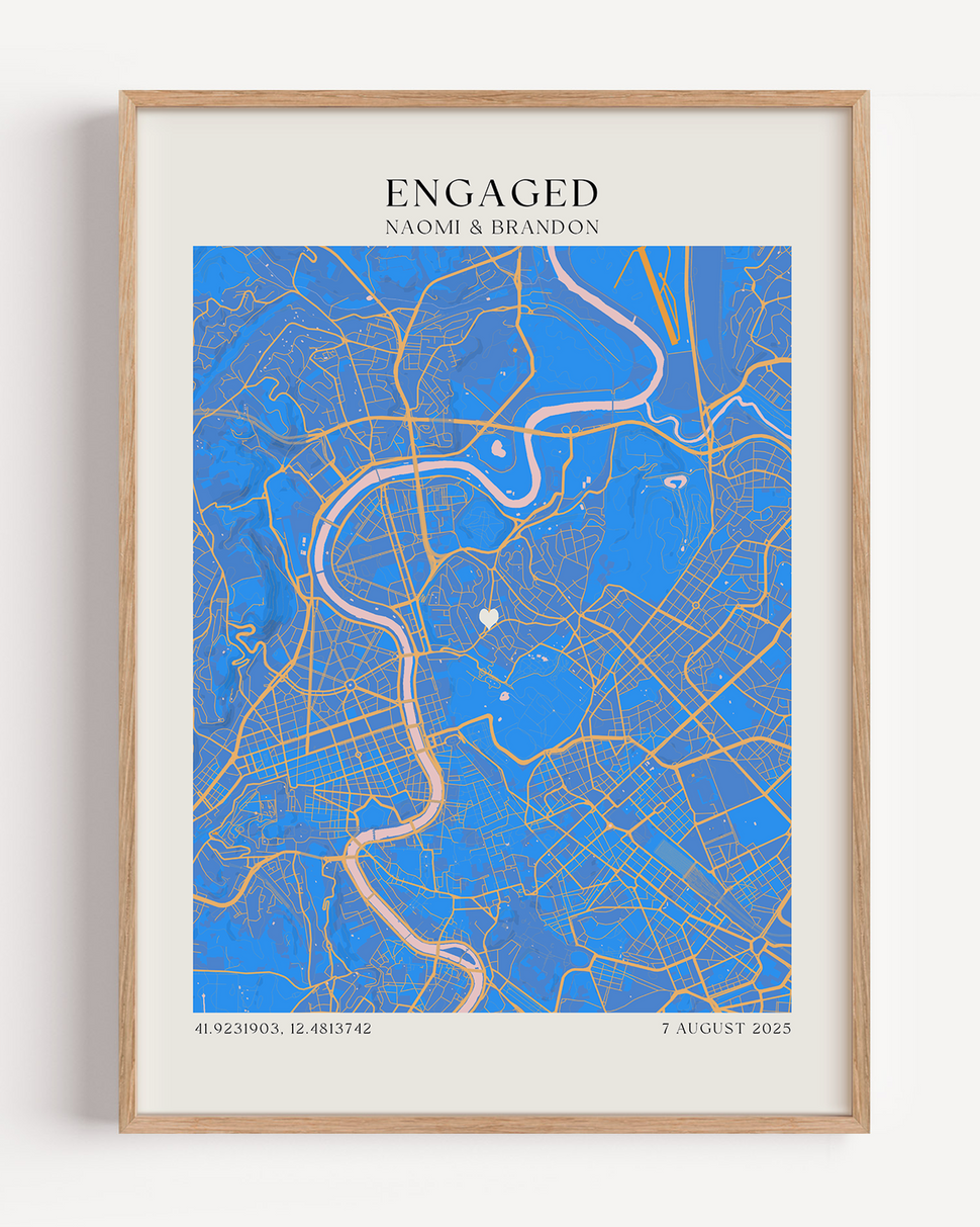 Framed engagement map print with vibrant map and custom details of the engagement including location, coordinated and names of the couple