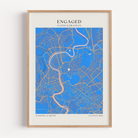Framed engagement map print with vibrant map and custom details of the engagement including location, coordinated and names of the couple