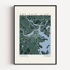 Personalized engagement map print showing custom proposal location with red heart and minimalist circular design