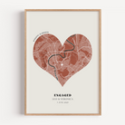Heart-shaped map print with 'Engaged' text and names, custom coordinates and the location of the engagement