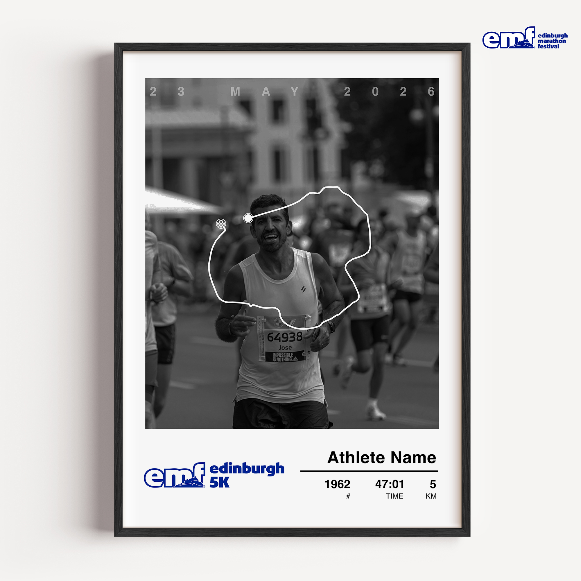 A commemorative framed Edinburgh Marathon 5k photo print showcasing the event map alongside a personal race photo and official results.