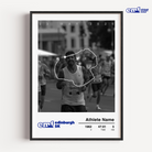 A commemorative framed Edinburgh Marathon 5k photo print showcasing the event map alongside a personal race photo and official results.