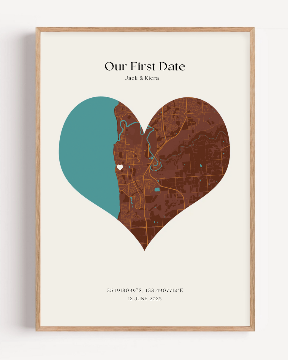 Personalized Our First Date map print showing custom romantic location in elegant minimalist wall art design