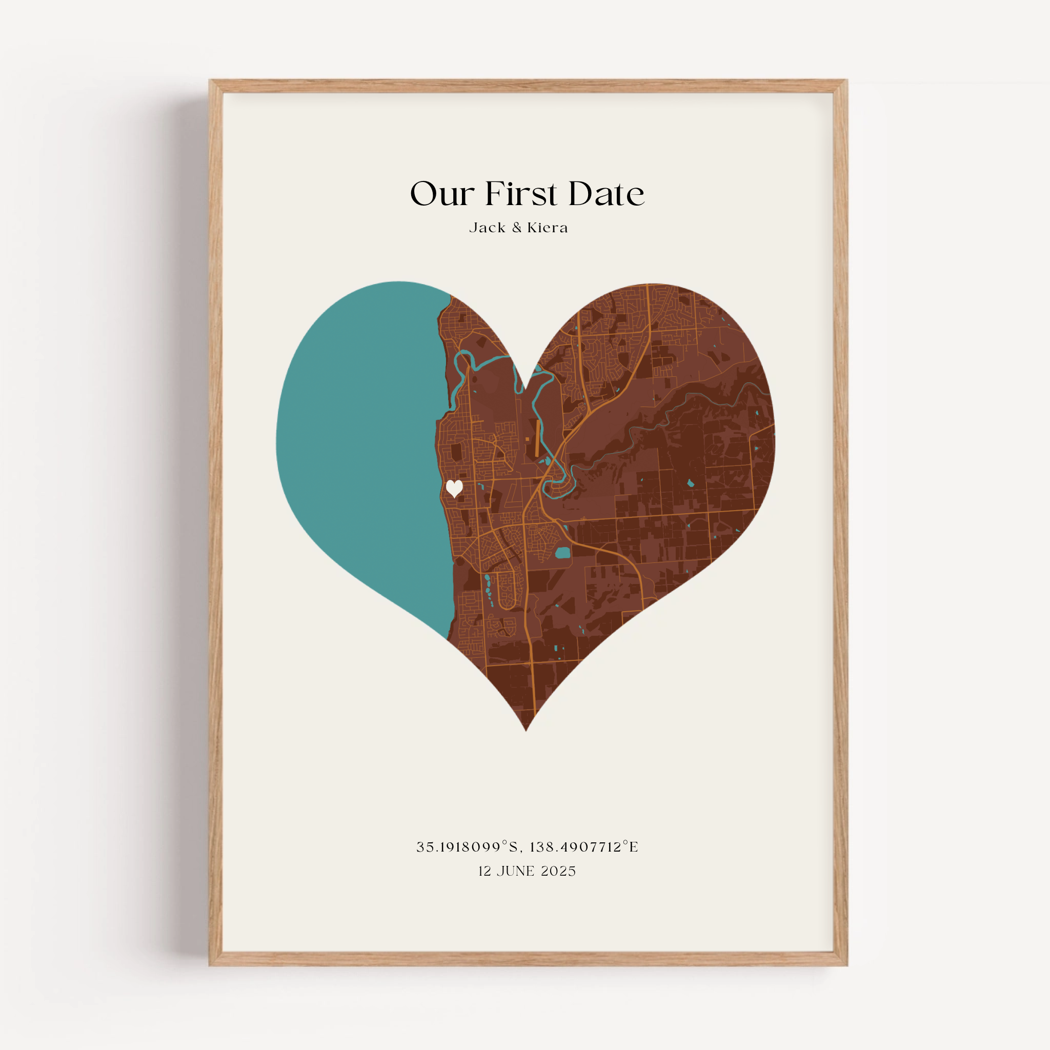 Personalized Our First Date map print showing custom romantic location in elegant minimalist wall art design