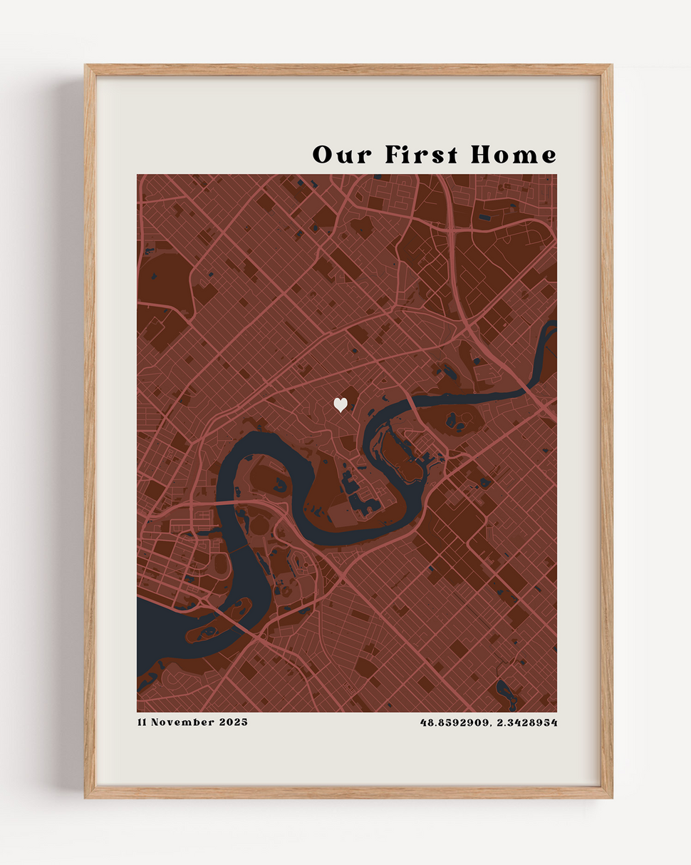 Personalized new home map print showing custom address and names in elegant minimalist wall art design