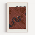 Personalized new home map print showing custom address and names in elegant minimalist wall art design