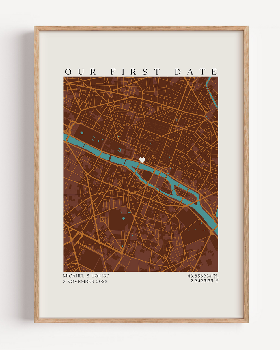 Framed Our First Date map print styled as romantic home décor with modern minimalist map artwork