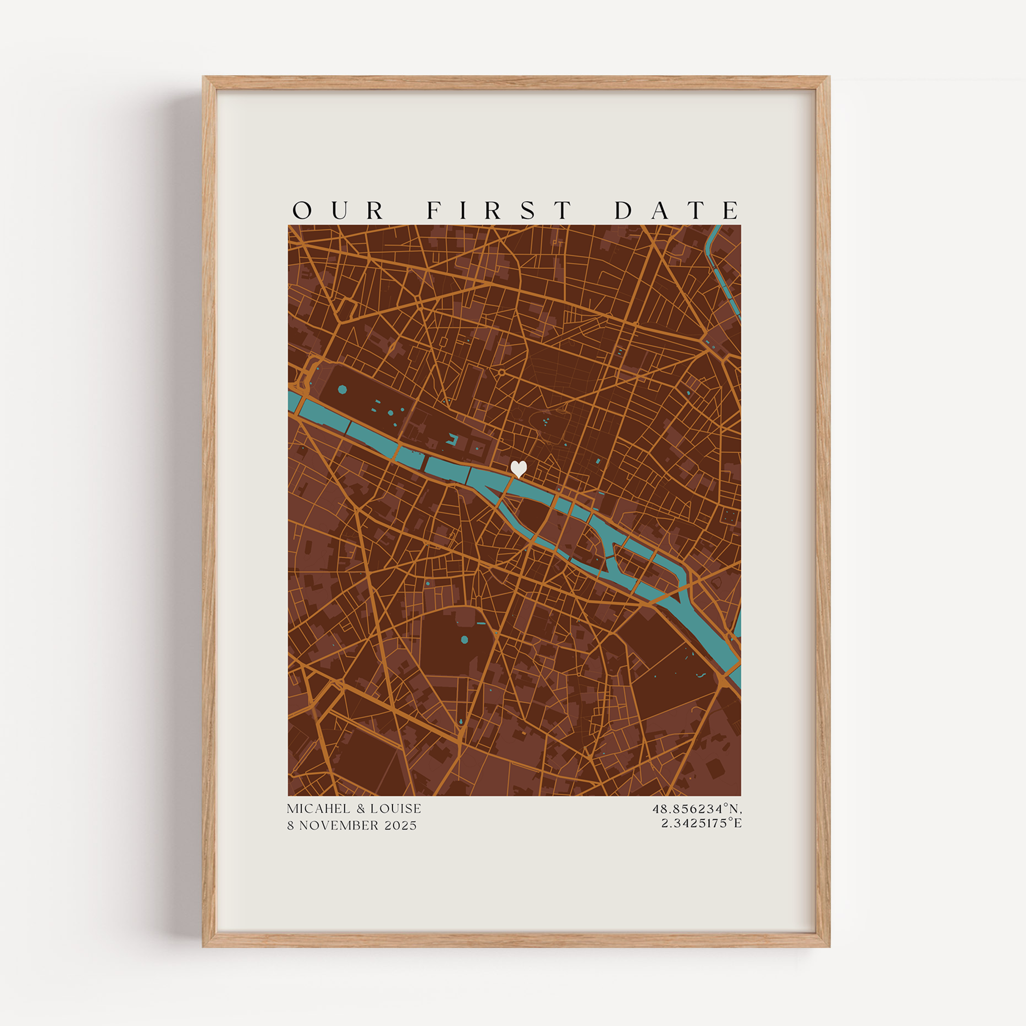 Framed Our First Date map print styled as romantic home décor with modern minimalist map artwork