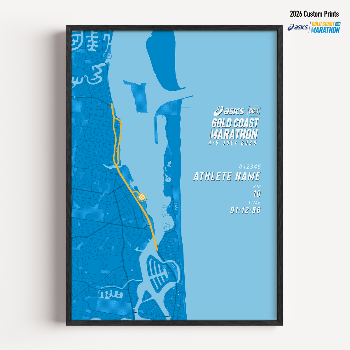 Framed Gold Coast Marathon 10km 2026 personalised artwork displayed on a wall as home decor.