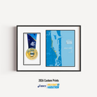 ASICS Gold Coast Marathon Medal Display Frame showing a custom 10km course print with the official course map and personalised details, presented beside a mounted finisher medal in a premium black frame.