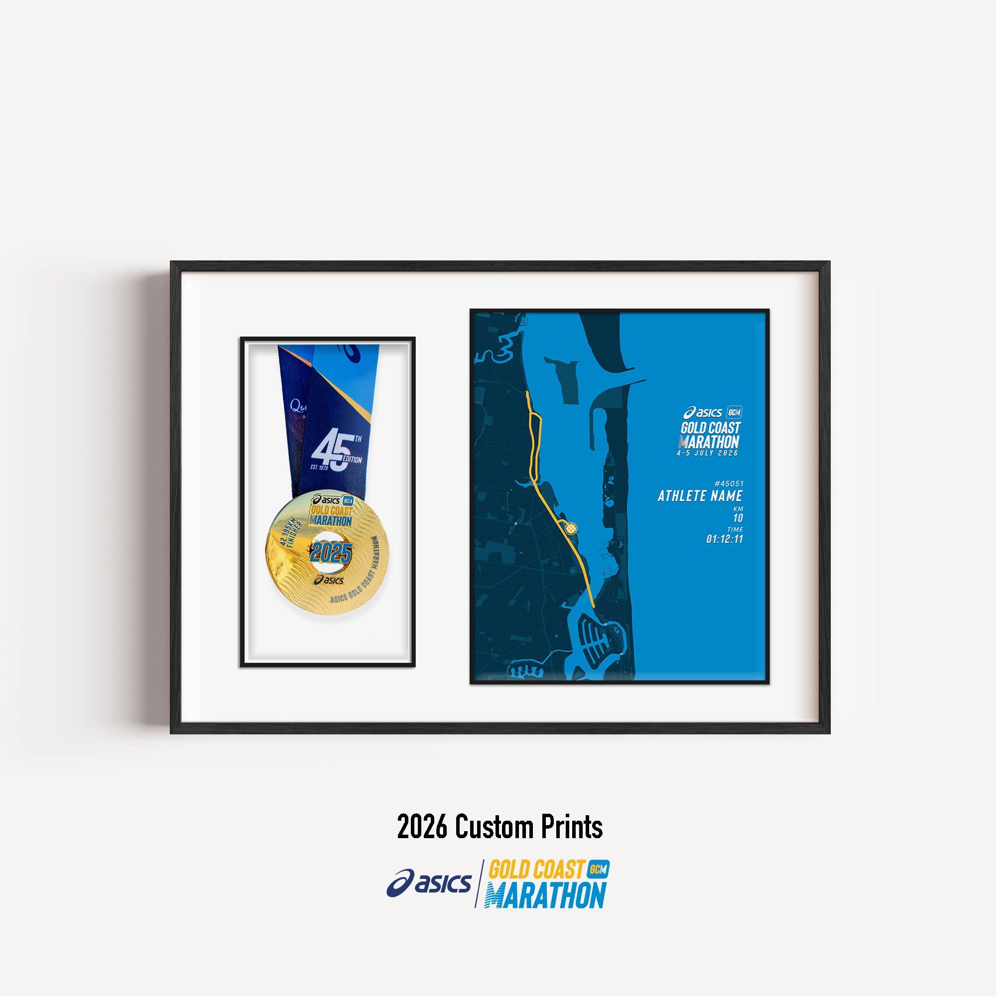 ASICS Gold Coast Marathon Medal Display Frame showing a custom 10km course print with the official course map and personalised details, presented beside a mounted finisher medal in a premium black frame.