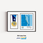ASICS Gold Coast Marathon Medal Display Frame showing a custom 10km course print with the official course map and personalised details, presented beside a mounted finisher medal in a premium black frame.