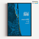 Personalised 2026 Gold Coast Marathon print featuring the official course map with runner name race number and finish time.
