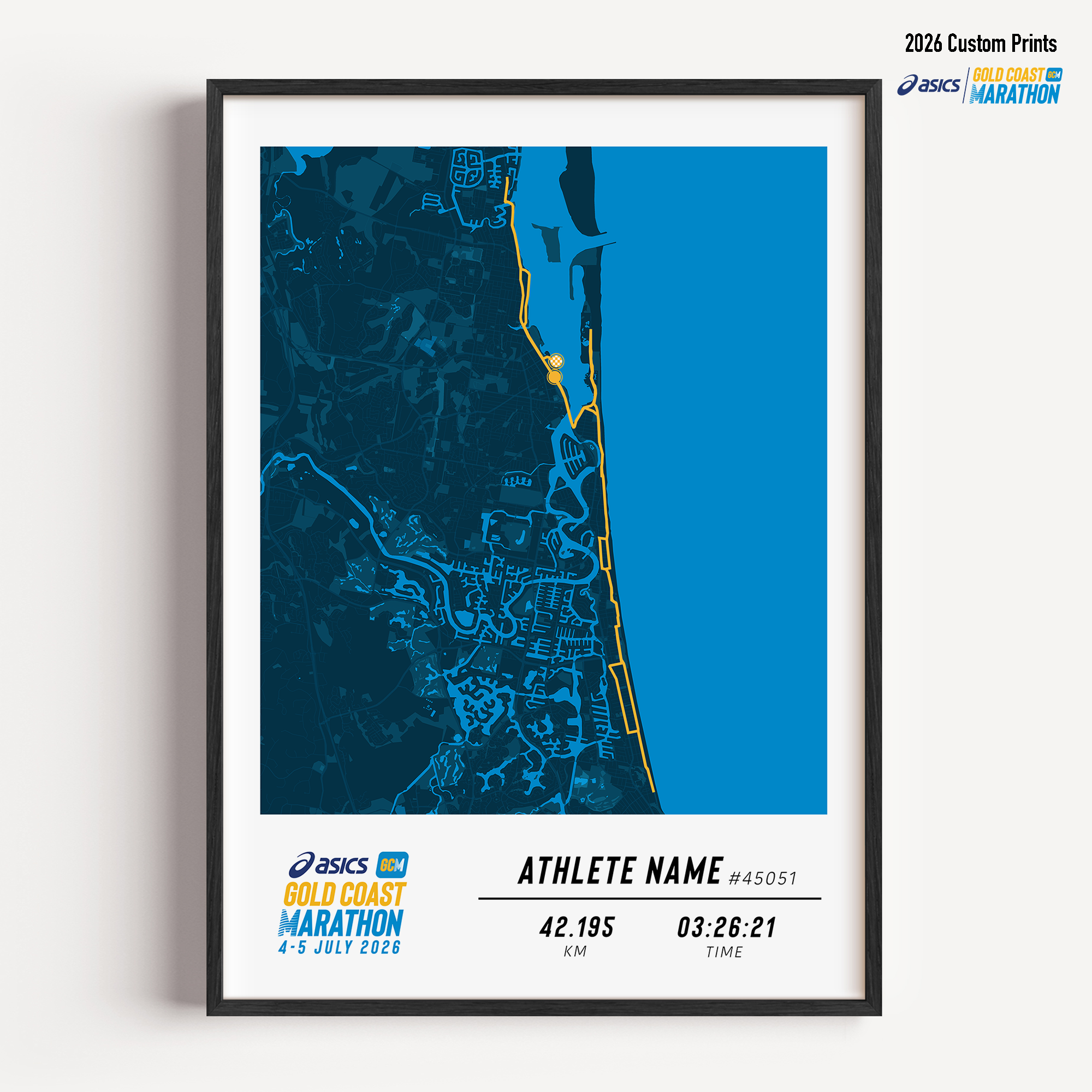 Framed Gold Coast Marathon 2026 personalised artwork displayed on a wall as home decor.
