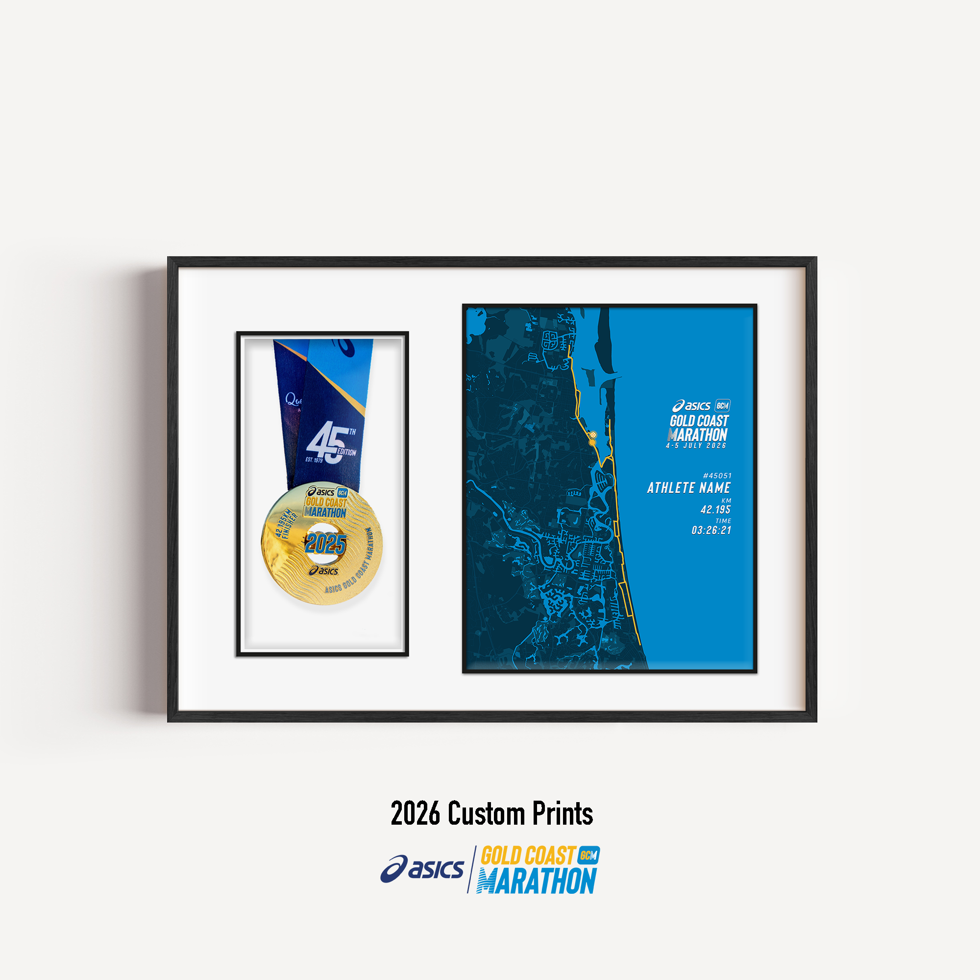 ASICS Gold Coast Marathon Medal Display Frame showing a custom marathon print with the official course map and personalised details, presented beside a mounted finisher medal in a premium black frame.