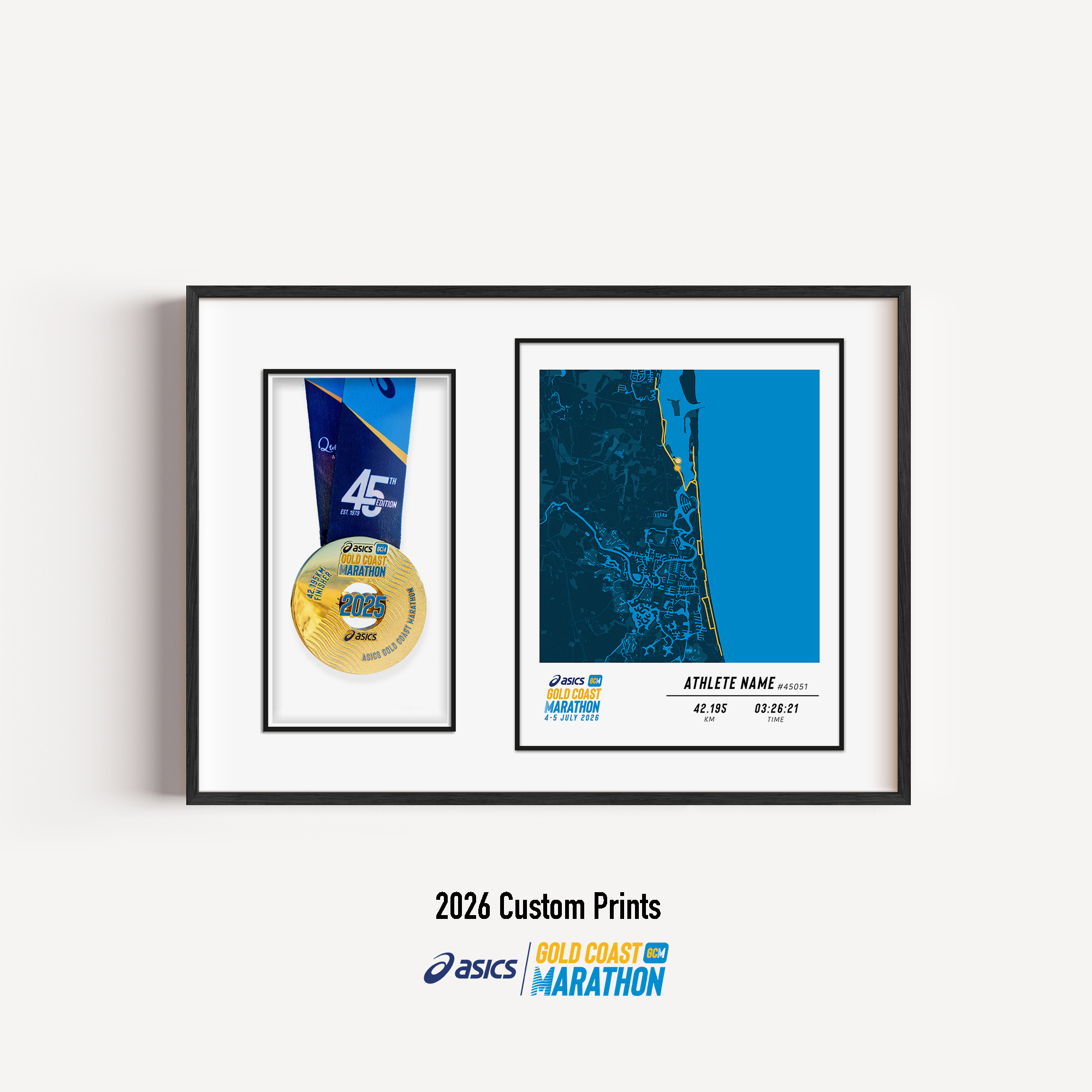 ASICS Gold Coast Marathon Medal Display Frame showing a custom marathon print with the official course map and personalised details, presented beside a mounted finisher medal in a premium black frame.