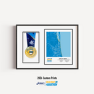 ASICS Gold Coast Marathon Medal Display Frame showing a custom marathon print with the official course map and personalised details, presented beside a mounted finisher medal in a premium black frame.