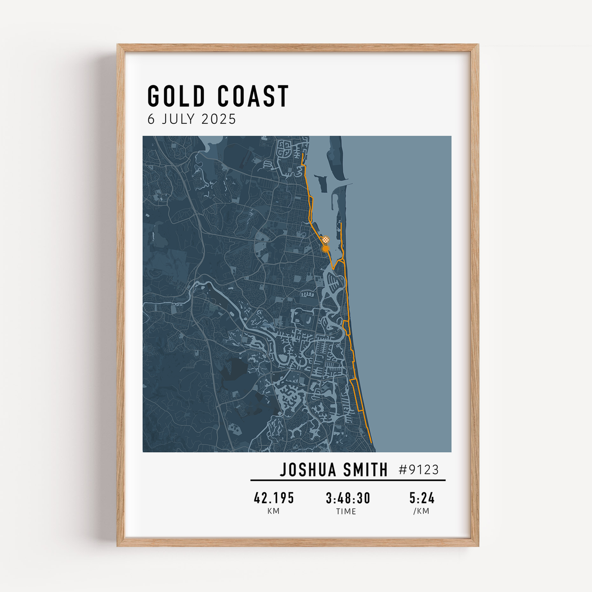 Custom Gold Coast Marathon 2025 print with personalised race route and details — a thoughtful keepsake for any marathon runner.