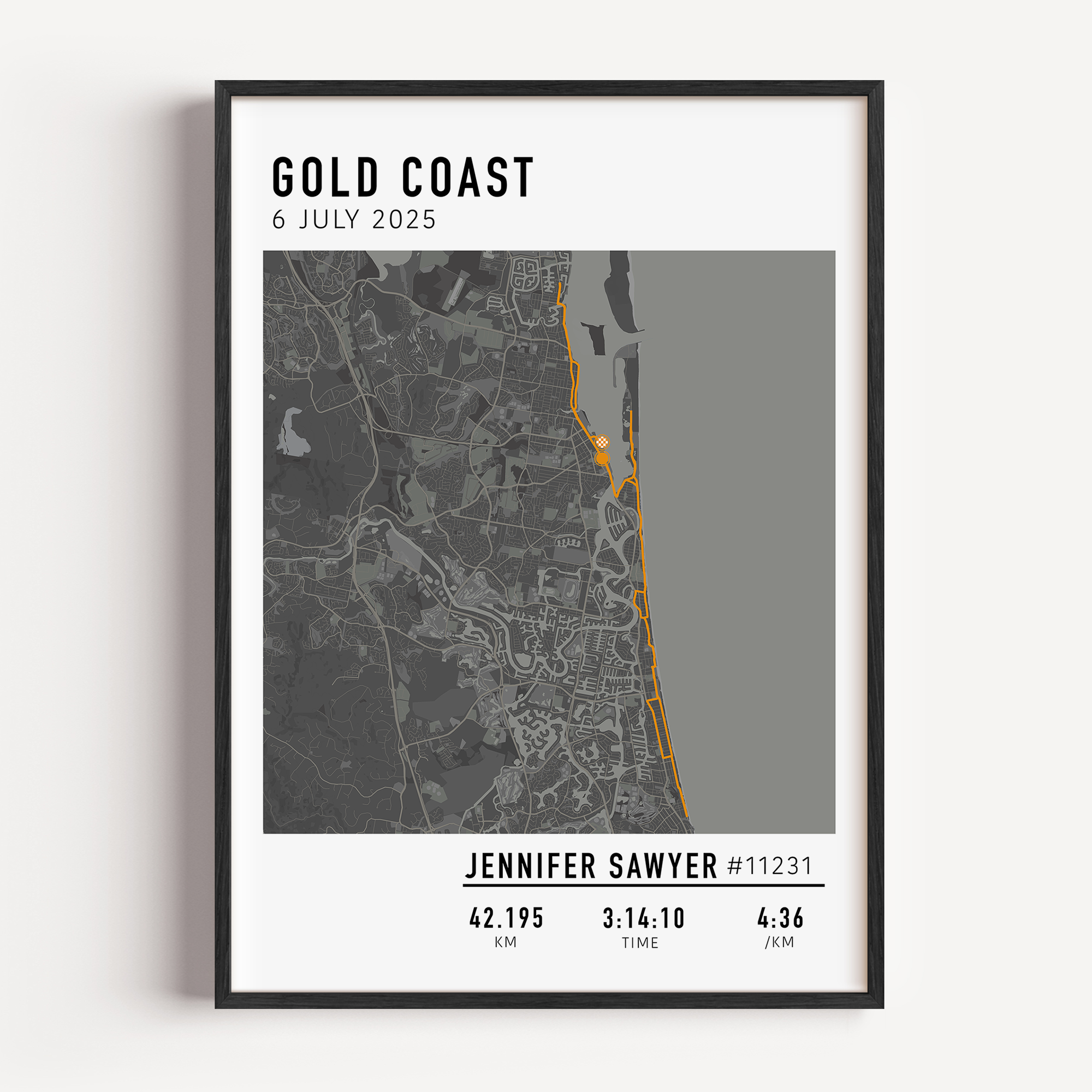 Personalised marathon map print of the Gold Coast 2025 race — ideal gift to celebrate a runner’s achievement and milestone.