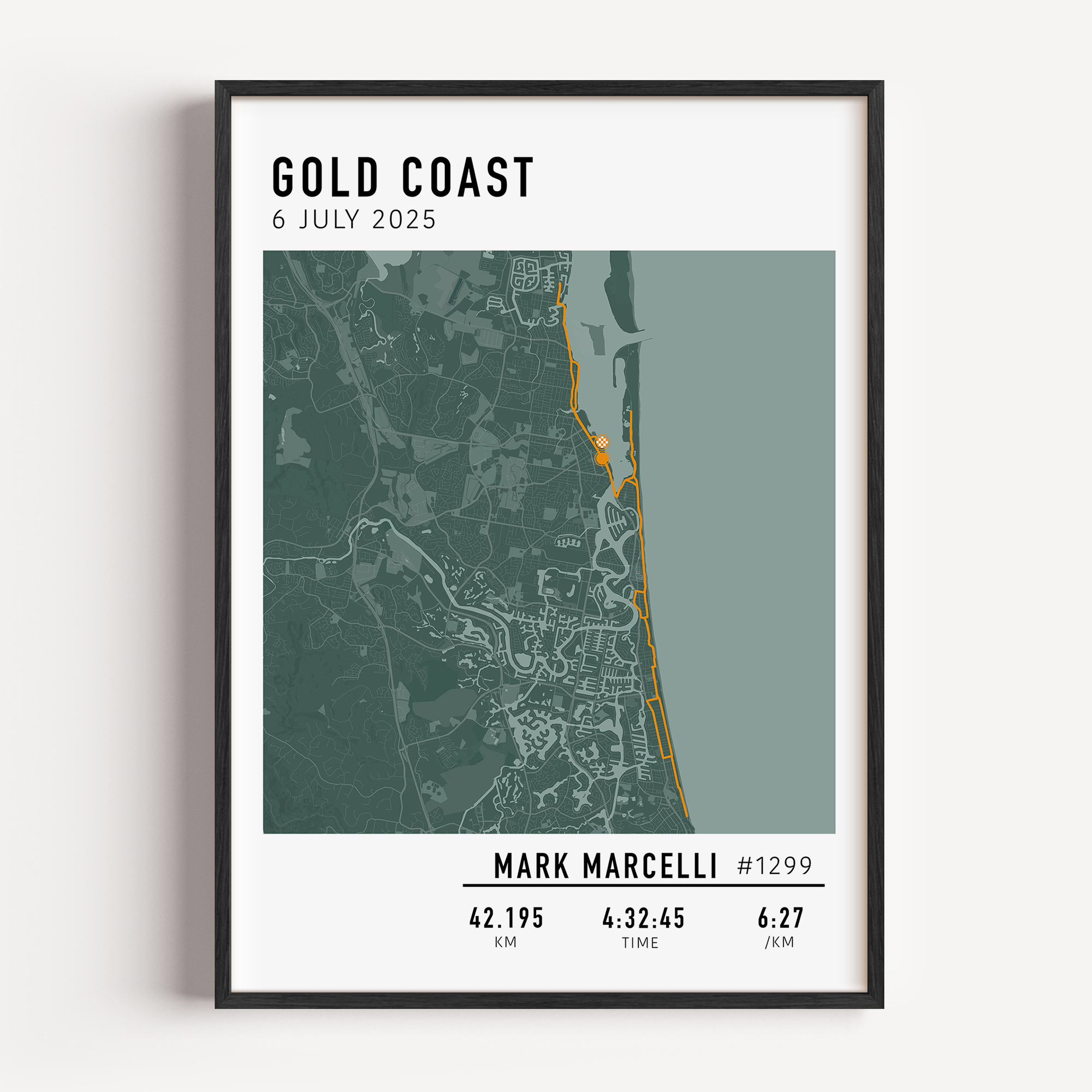 Personalised Gold Coast Marathon 2025 map print featuring runner's name, time, and race details — a perfect gift for finishers.