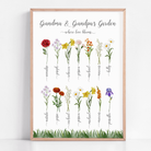 A beautiful framed print titled "Grandma and Grandpa's Garden," featuring delicate illustrations of birth month flowers representing each grandchild, creating a heartfelt and personalized gift for grandparents.