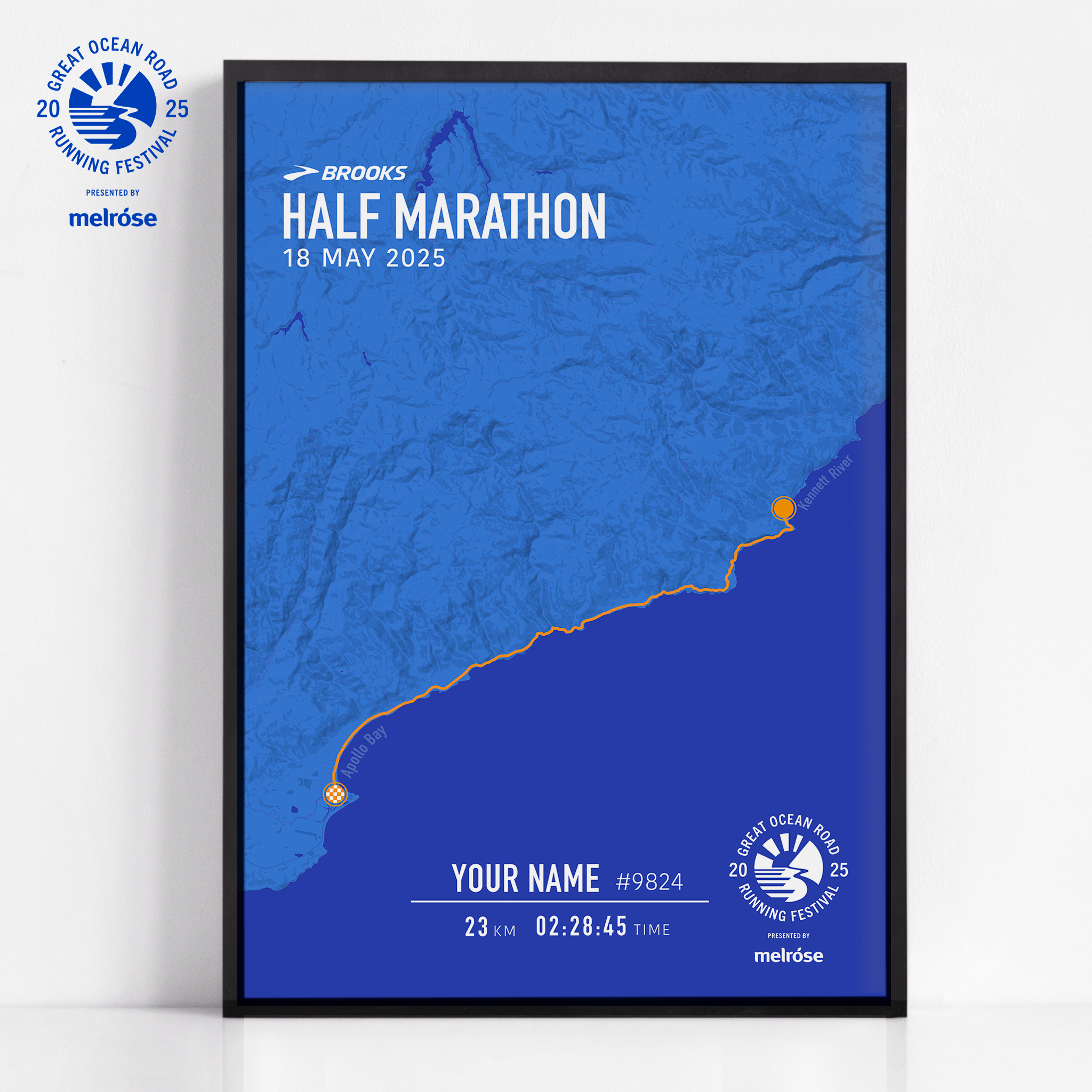 Official 2025 Great Ocean Road Half Marathon Print custom made for each athlete with their time, name and race number