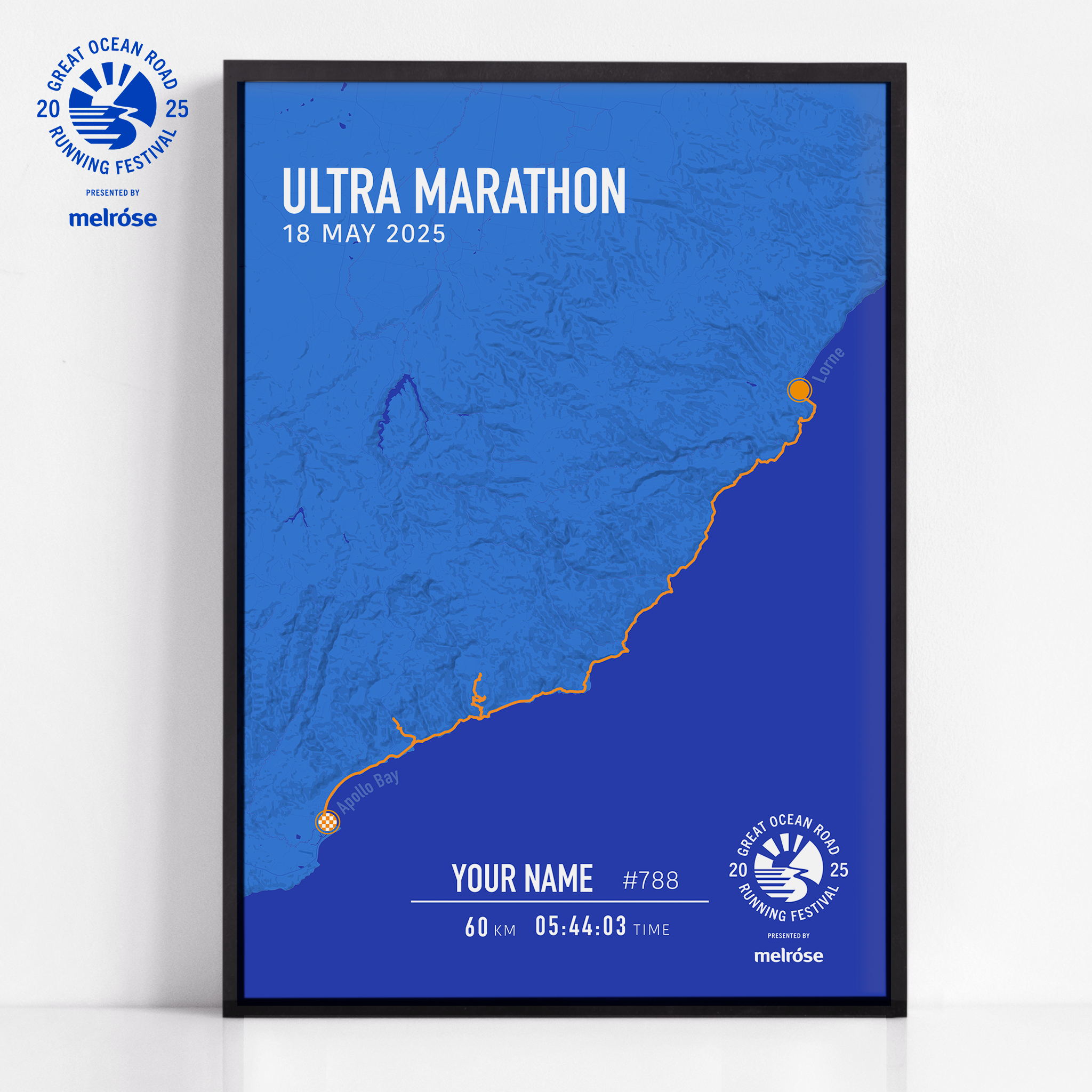 Official 2025 Great Ocean Road Ultra Marathon Print custom made for each athlete with their time, name and race number