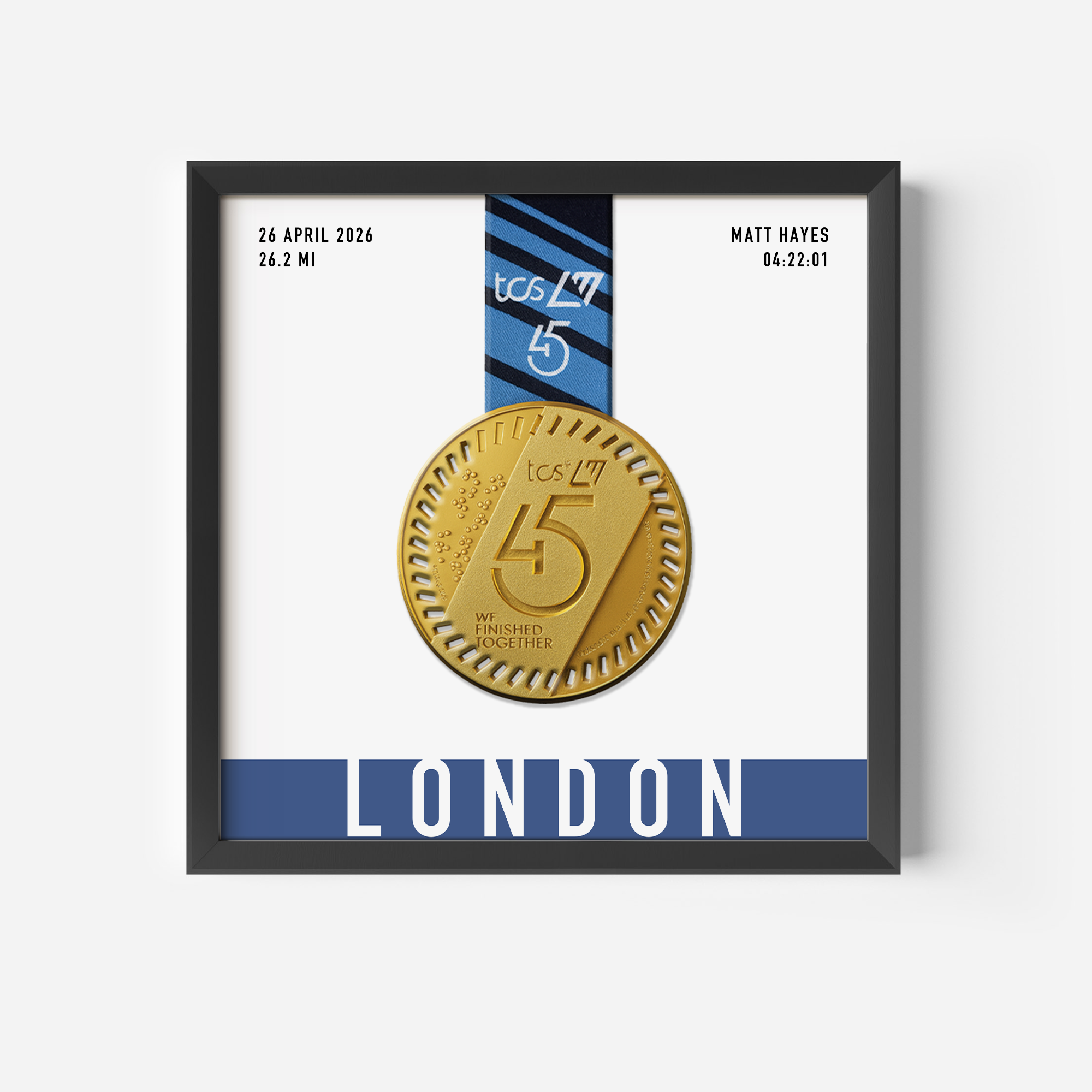 Custom London Marathon Medal DIsplay Frame with stats, date and time