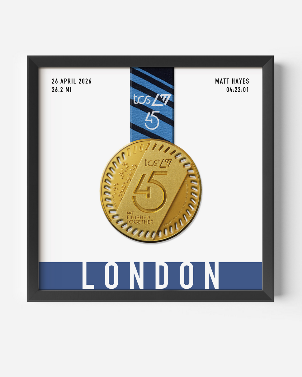 Custom London Marathon Medal DIsplay Frame with stats, date and time