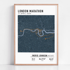 Custom London Marathon map poster displaying the iconic race route, personalized with GPX data. Ideal keepsake or London Marathon route gift for finishers and runners celebrating their achievements.