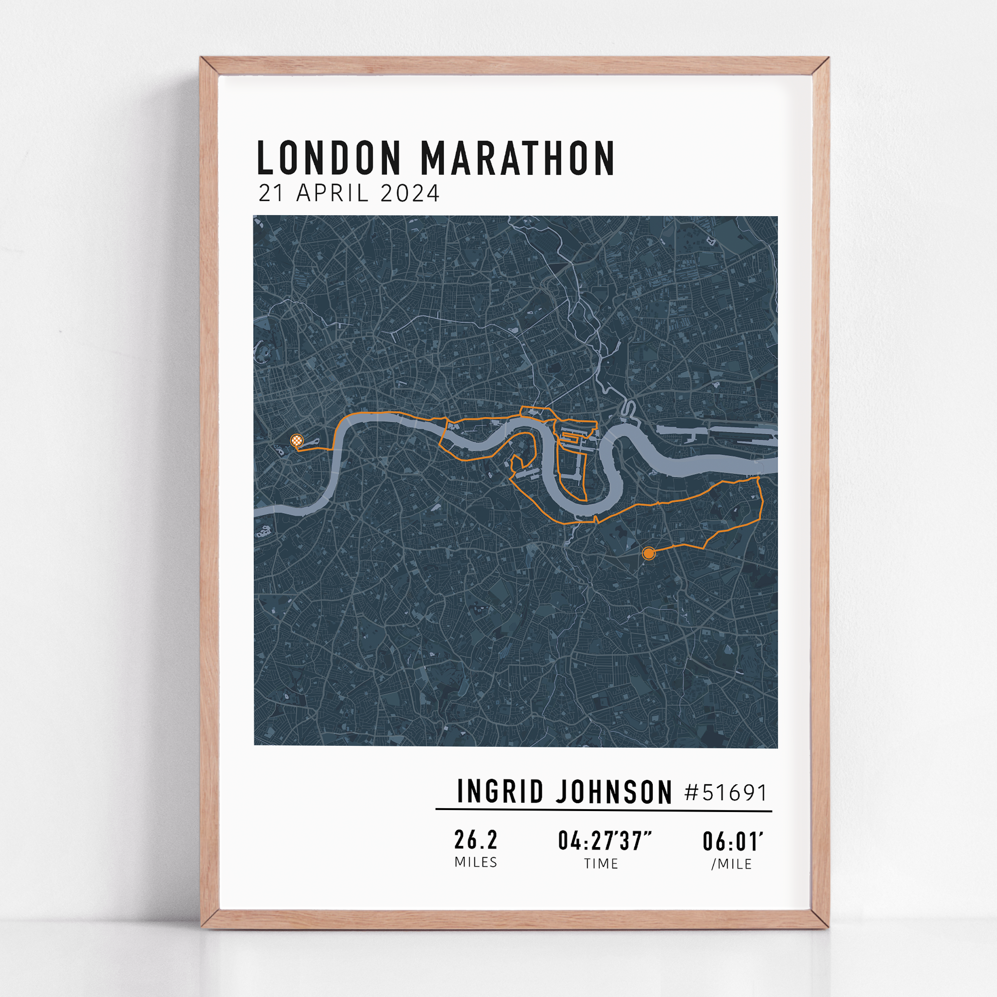 Custom London Marathon map poster displaying the iconic race route, personalized with GPX data. Ideal keepsake or London Marathon route gift for finishers and runners celebrating their achievements.