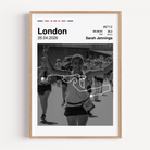 Custom London Marathon finisher poster featuring a personalized runner photo, a white route map overlay, personalized race stats, and UK flag colors.