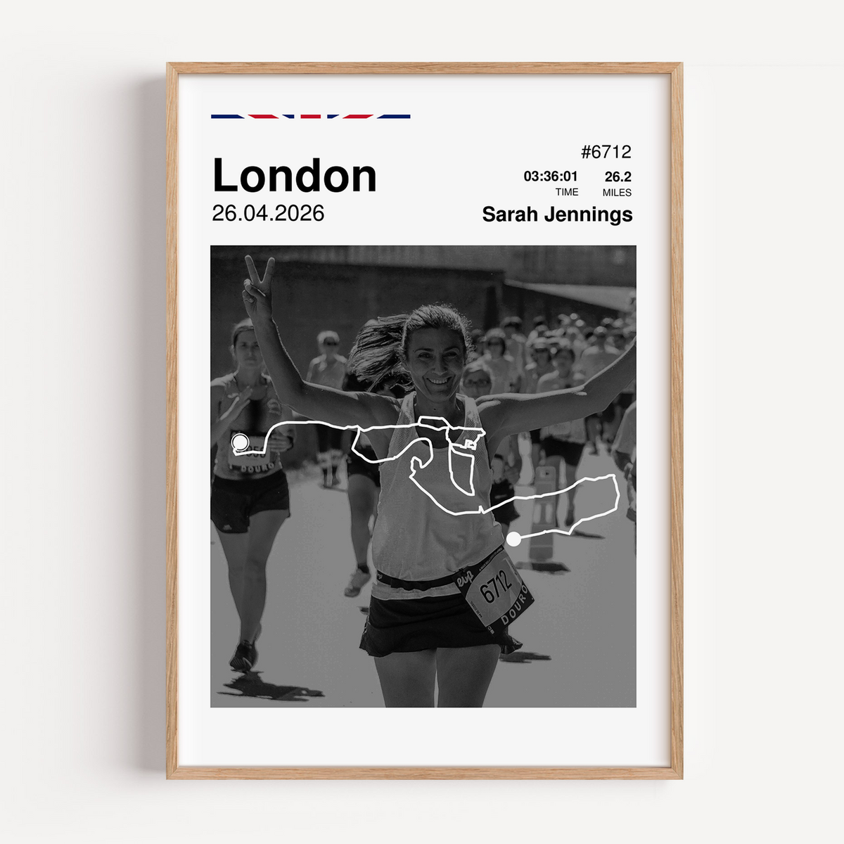 Custom London Marathon finisher poster featuring a personalized runner photo, a white route map overlay, personalized race stats, and UK flag colors.