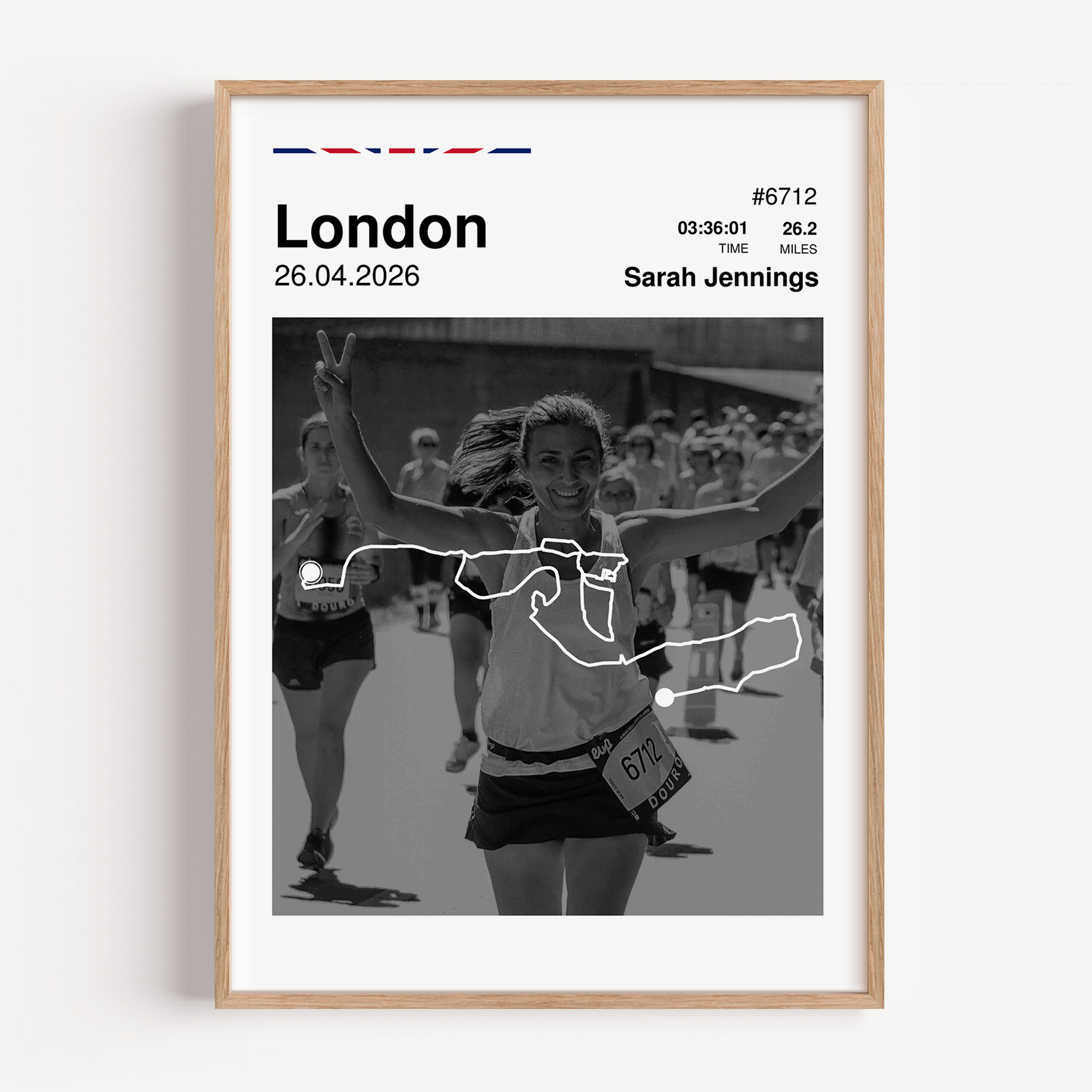 Custom London Marathon finisher poster featuring a personalized runner photo, a white route map overlay, personalized race stats, and UK flag colors.