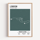 Framed custom art print of london marathon route, showing a minimalist line map of the running course with labeled start and finish points, event name, date, and distance.