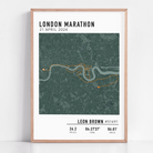 Custom London Marathon map poster displaying the iconic race route, personalized with GPX data. Ideal keepsake or London Marathon route gift for finishers and runners celebrating their achievements.