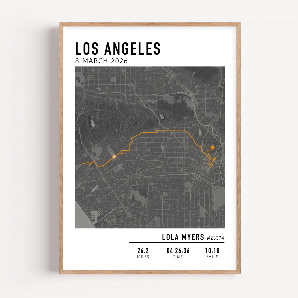 Los Angeles Marathon Map Print Gift for Runners Post Race Gift, framed LA marathon route print with custom statistics and time