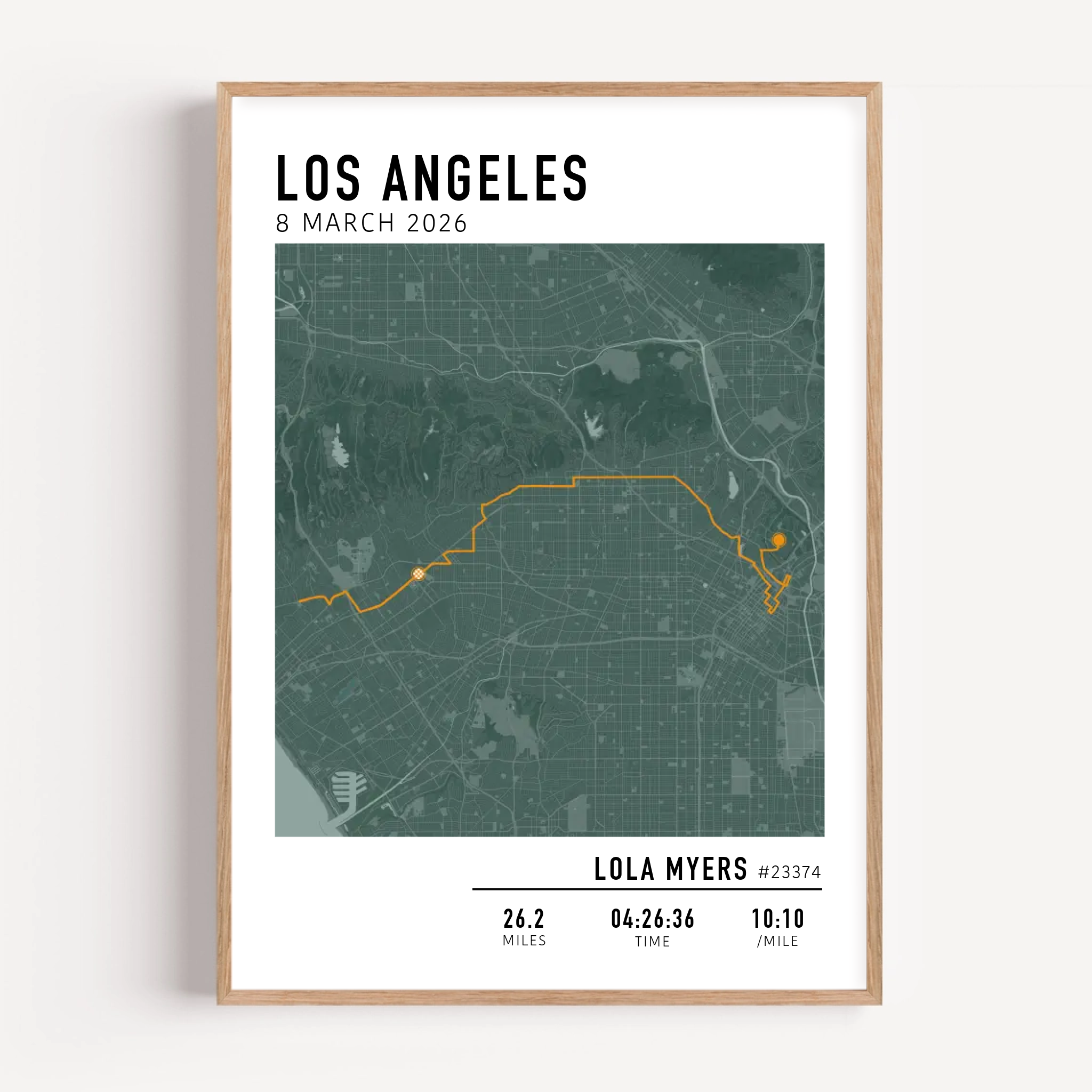 Los Angeles Marathon Map Print Gift for Runners Post Race Gift, framed LA marathon route print with custom statistics and time