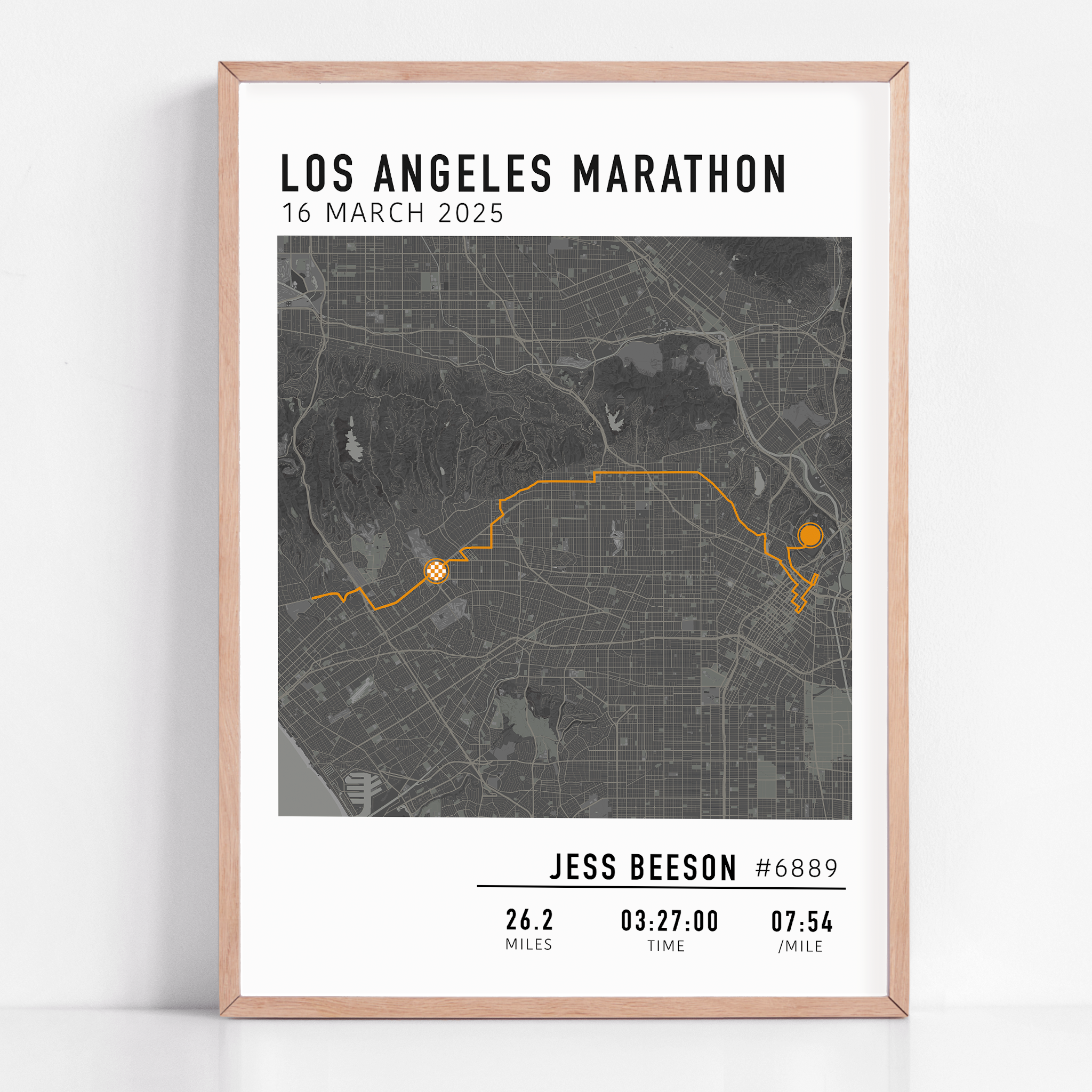 Los Angeles Marathon Map Print Gift for Runners Post Race Gift, framed LA marathon route print with custom statistics and time